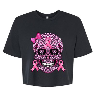 Sugar Skull P.I.N.K Ribbon Breast Cancer Awareness Bella+Canvas Jersey Crop Tee