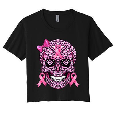 Sugar Skull P.I.N.K Ribbon Breast Cancer Awareness Women's Crop Top Tee