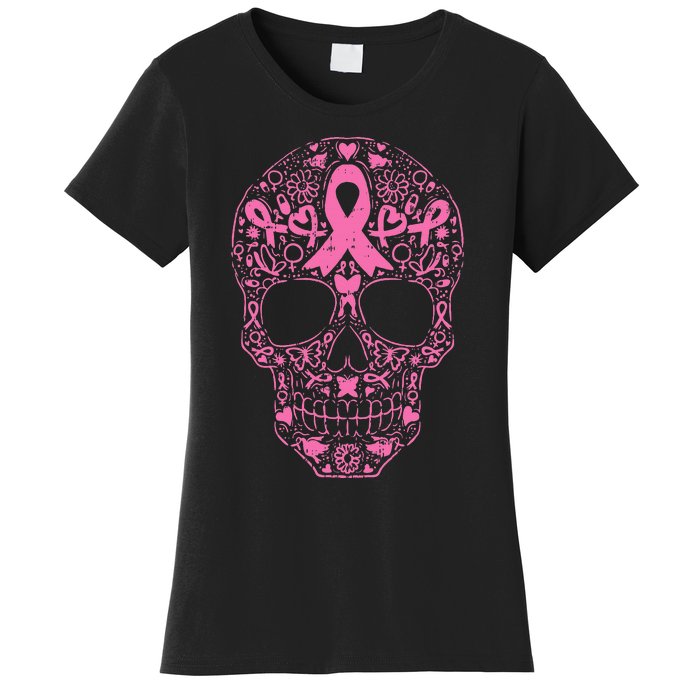 Sugar Skull P.I.N.K Ribbon Calavera Breast Cancer Women's T-Shirt