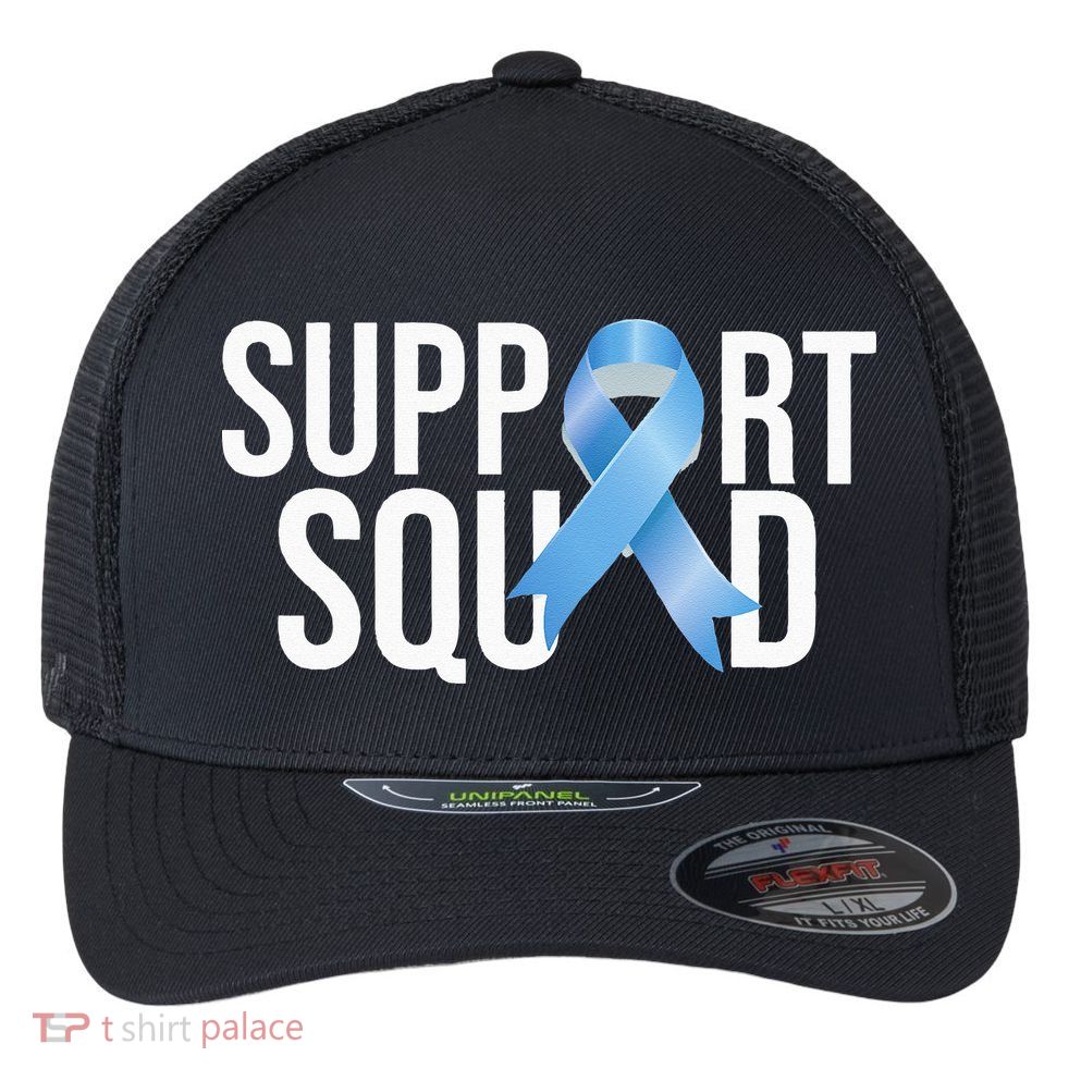 Support Squat Prostate Cancer Awareness Blue Ribbon Survivor Flexfit Unipanel Trucker Cap