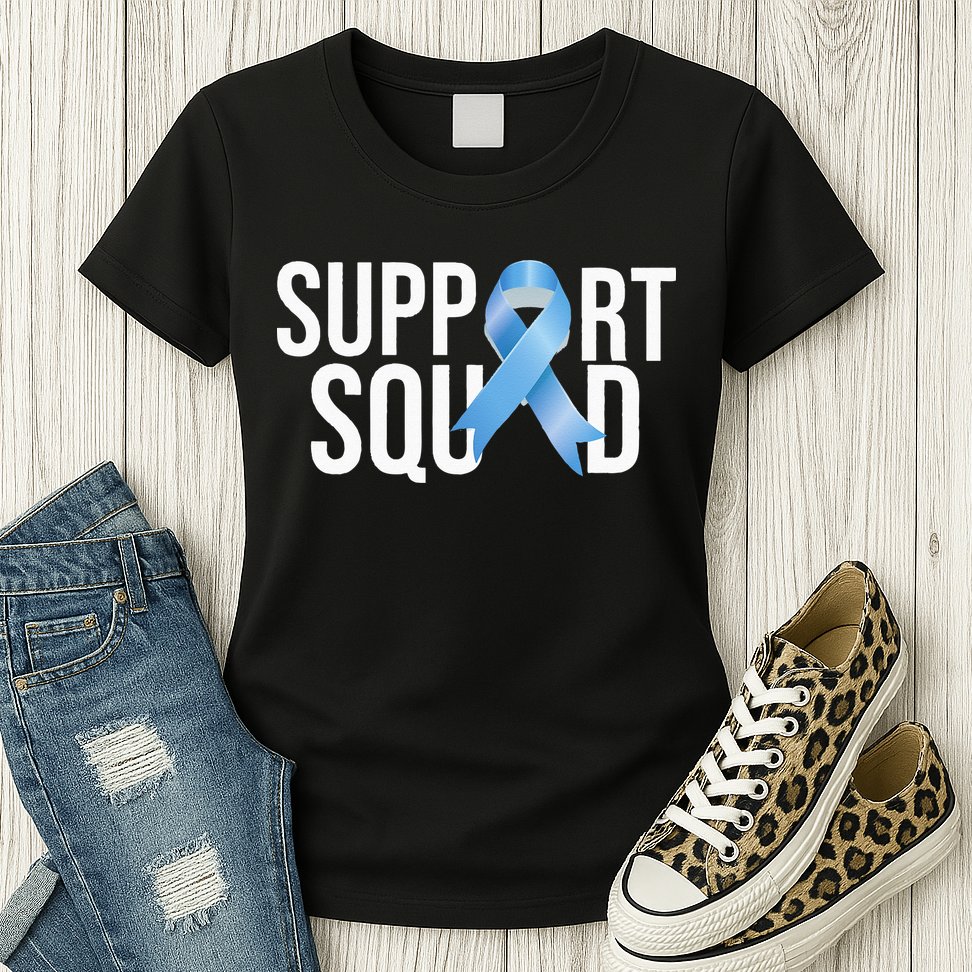 Support Squat Prostate Cancer Awareness Blue Ribbon Survivor Womens T-Shirt
