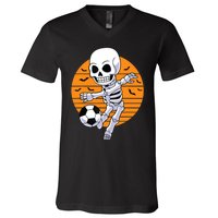 Skeleton Soccer Player Boy Funny Halloween V-Neck T-Shirt