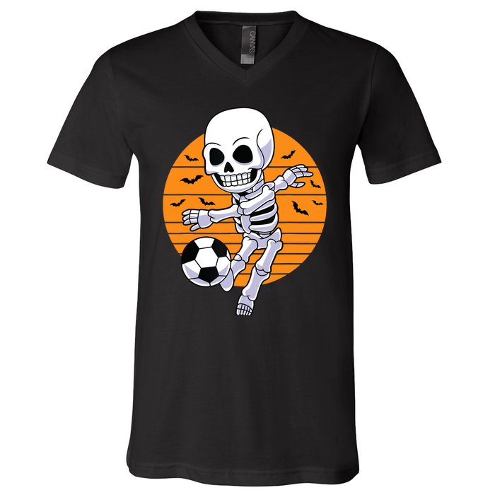 Skeleton Soccer Player Boy Funny Halloween V-Neck T-Shirt