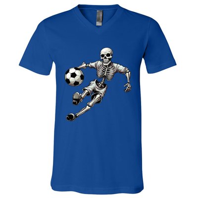 Soccer Skeleton Playing Soccer Halloween Skull Lover V-Neck T-Shirt