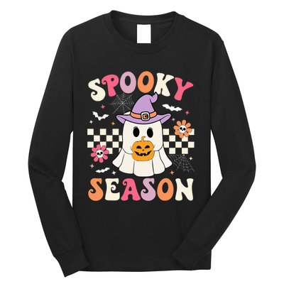 Spooky Season Retro Ghost Holding Pumpkin Halloween Long Sleeve Shirt