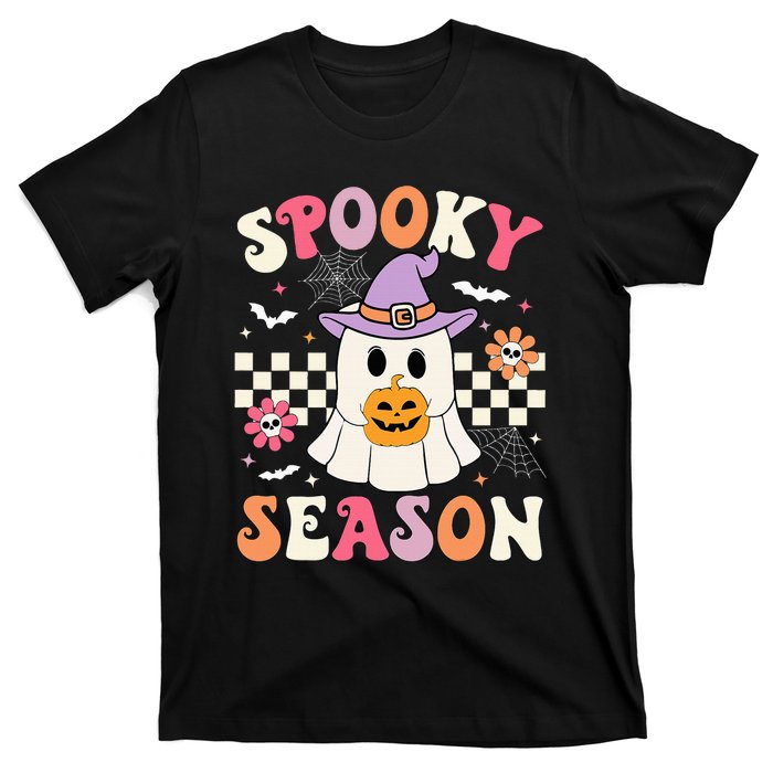 Spooky Season Retro Ghost Holding Pumpkin Halloween T-Shirt