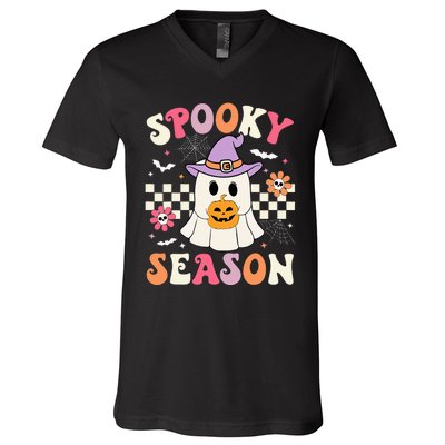 Spooky Season Retro Ghost Holding Pumpkin Halloween V-Neck T-Shirt