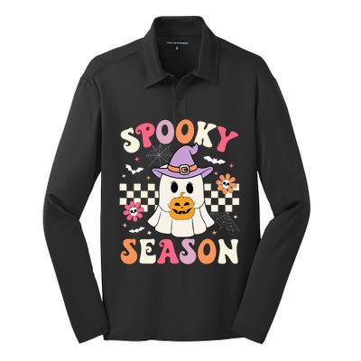 Spooky Season Retro Ghost Holding Pumpkin Halloween Silk Touch Performance Long Sleeve Polo