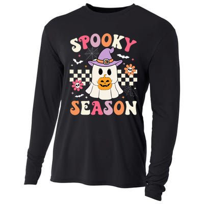 Spooky Season Retro Ghost Holding Pumpkin Halloween Cooling Performance Long Sleeve Crew