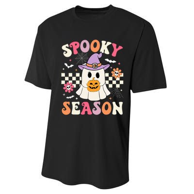 Spooky Season Retro Ghost Holding Pumpkin Halloween Performance Sprint T-Shirt