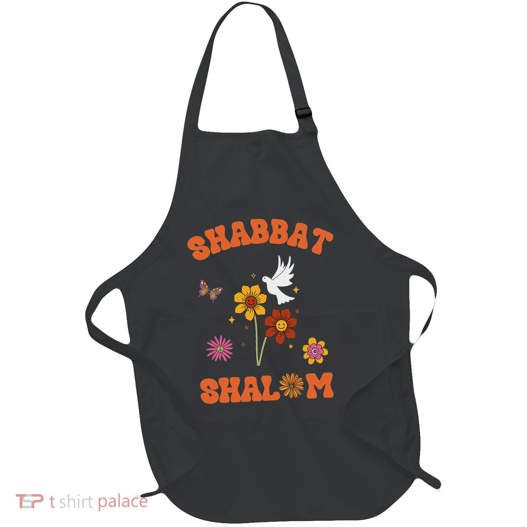 Shabbat Shalom Retro 60s 70s Groovy Hippie Flowers Peace Full-Length Apron With Pockets