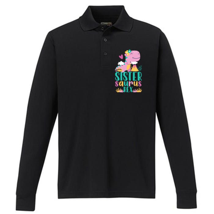 Sister Saurus Rex Dinosaur Dino Design Performance Long Sleeve Polo