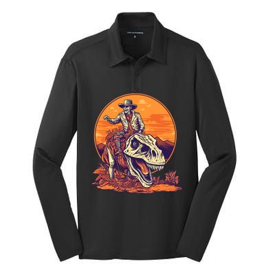 Scary Skeleton Riding Mummy T Rex Dinosaur Halloween Cool Gift Silk Touch Performance Long Sleeve Polo