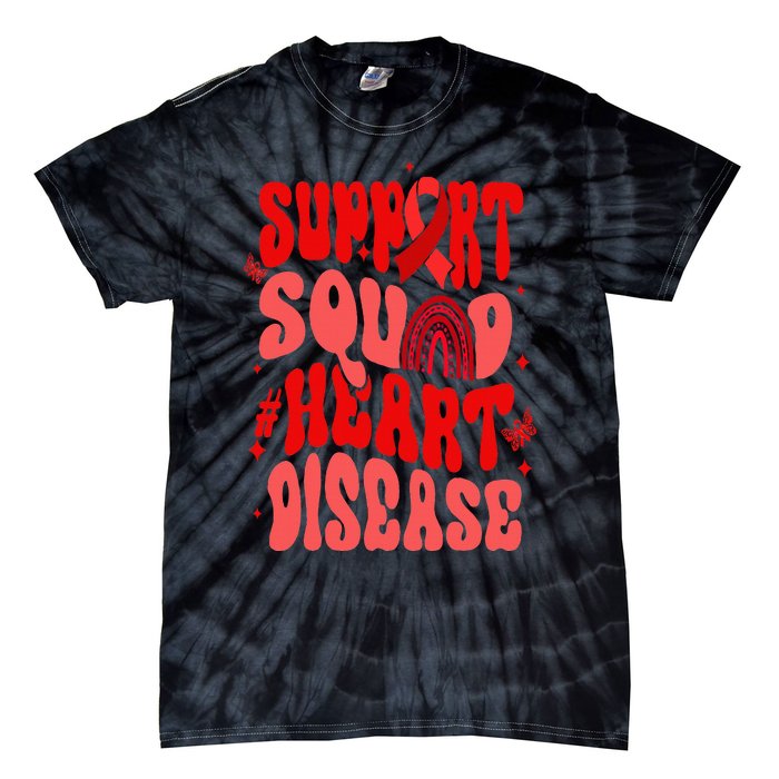 Support Squad Red Ribbon Groovy Heart Disease Awareness Tie-Dye T-Shirt