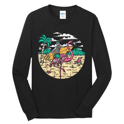 Skeleton Surfer Riding Flamingo Halloween Costume Surfing Tall Long Sleeve T-Shirt