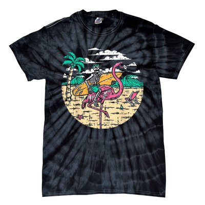 Skeleton Surfer Riding Flamingo Halloween Costume Surfing Tie-Dye T-Shirt