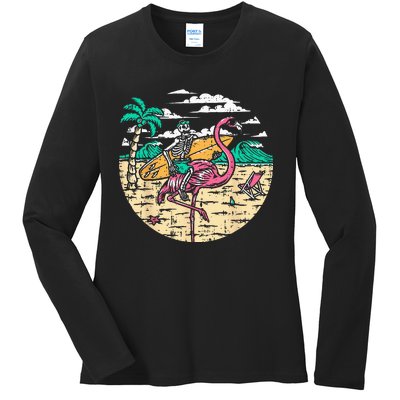 Skeleton Surfer Riding Flamingo Halloween Costume Surfing Ladies Long Sleeve Shirt