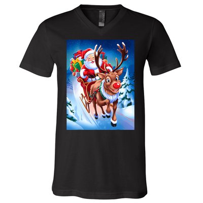 Santa Sleigh Ride Christmas Fun Family V-Neck T-Shirt