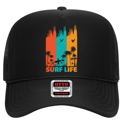 Surfing Surfer Retro Surf Life Summer Palm Tree Family Trip Gift Trucker Hat