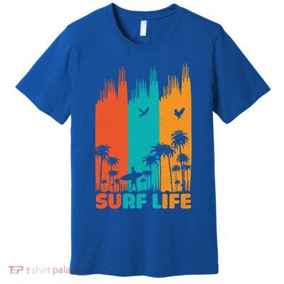 Surfing Surfer Retro Surf Life Summer Palm Tree Family Trip Gift Premium T-Shirt
