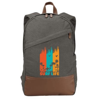 Surfing Surfer Retro Surf Life Summer Palm Tree Family Trip Gift Cotton Canvas Backpack