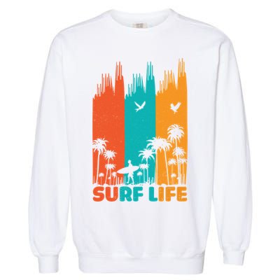 Surfing Surfer Retro Surf Life Summer Palm Tree Family Trip Gift Garment-Dyed Sweatshirt