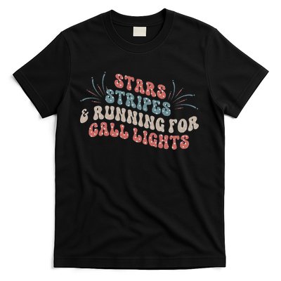 Stars Stripes Running For Call Lights CNA Nurse 4th of July T-Shirt
