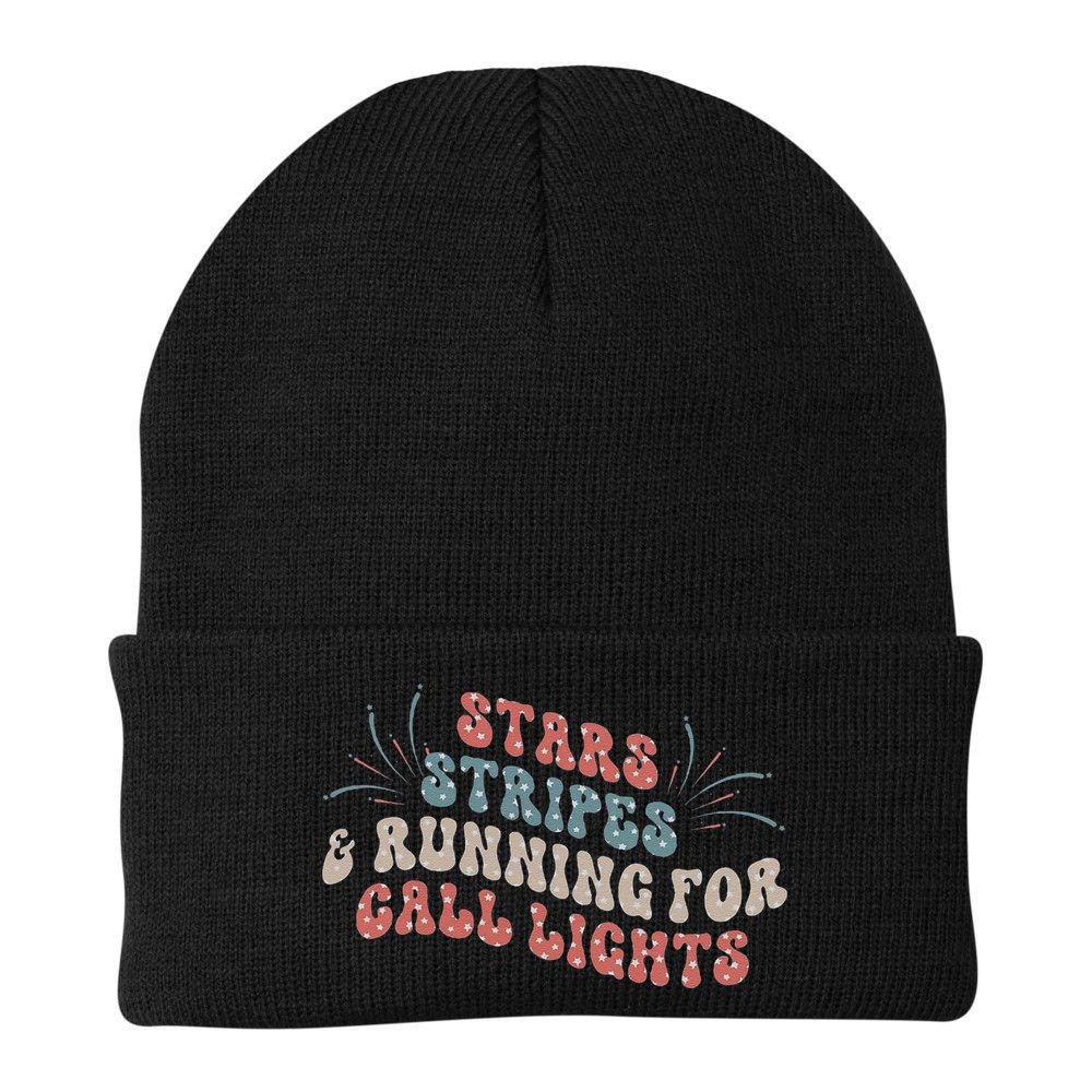 Stars Stripes Running For Call Lights CNA Nurse 4th of July Beanie