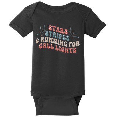 Stars Stripes Running For Call Lights CNA Nurse 4th of July Baby Bodysuit