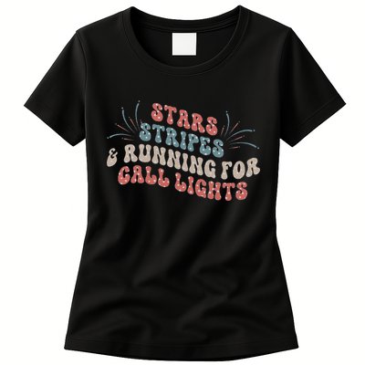 Stars Stripes Running For Call Lights CNA Nurse 4th of July Womens T-Shirt