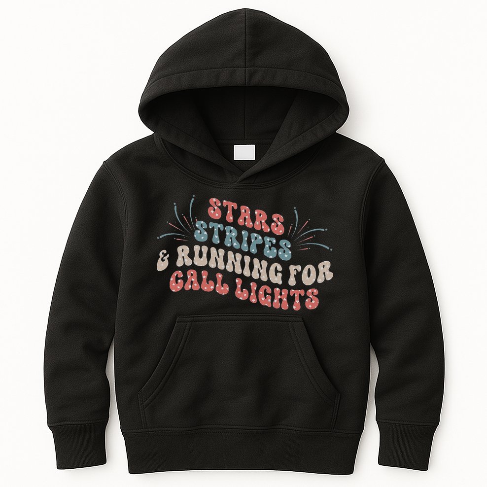 Stars Stripes Running For Call Lights CNA Nurse 4th of July Kids Hoodie