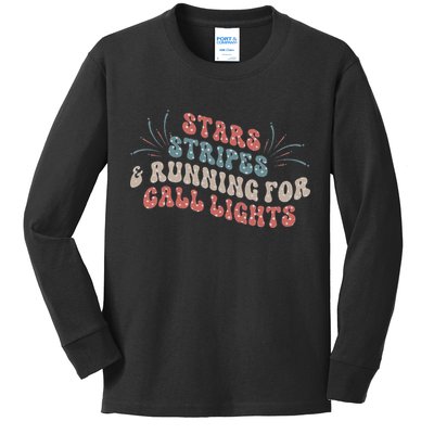Stars Stripes Running For Call Lights CNA Nurse 4th of July Kids Long Sleeve Shirt
