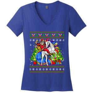 Santa Sunglasses Riding Reindeer Unicorn Christmas Family Cute Gift Women's V-Neck T-Shirt