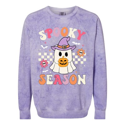 Spooky Season Retro Ghost Holding Pumpkin Halloween Colorblast Crewneck Sweatshirt