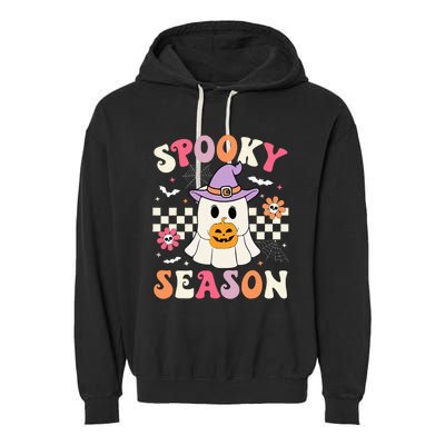 Spooky Season Retro Ghost Holding Pumpkin Halloween Garment-Dyed Fleece Hoodie