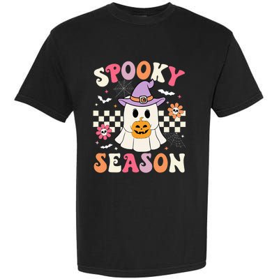 Spooky Season Retro Ghost Holding Pumpkin Halloween Garment-Dyed Heavyweight T-Shirt