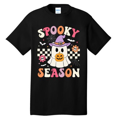 Spooky Season Retro Ghost Holding Pumpkin Halloween Tall T-Shirt