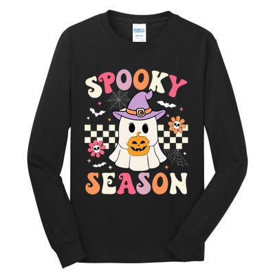 Spooky Season Retro Ghost Holding Pumpkin Halloween Tall Long Sleeve T-Shirt