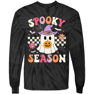 Spooky Season Retro Ghost Holding Pumpkin Halloween Tie-Dye Long Sleeve Shirt