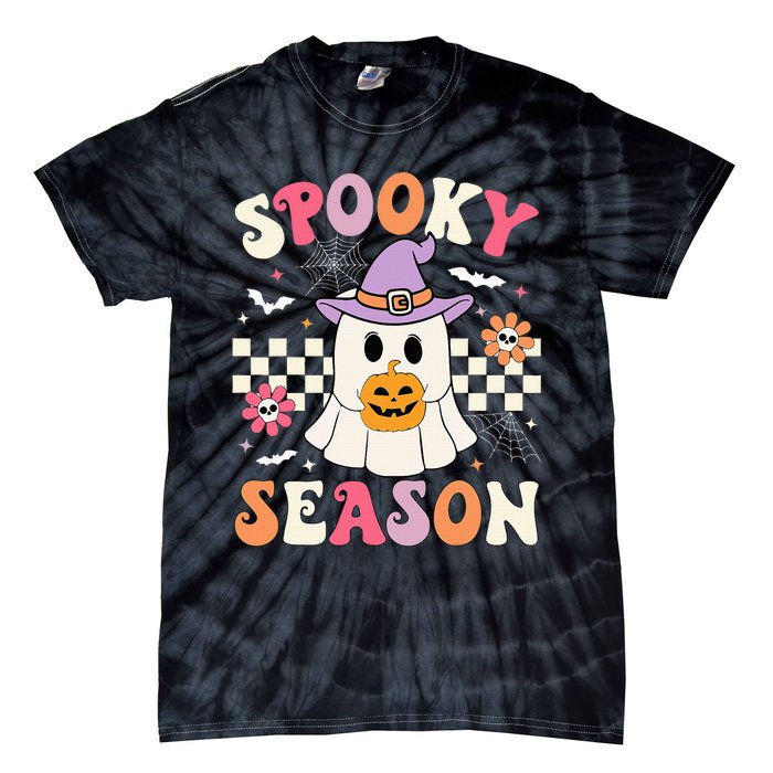 Spooky Season Retro Ghost Holding Pumpkin Halloween Tie-Dye T-Shirt