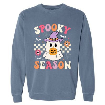 Spooky Season Retro Ghost Holding Pumpkin Halloween Garment-Dyed Sweatshirt