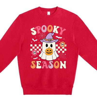 Spooky Season Retro Ghost Holding Pumpkin Halloween Premium Crewneck Sweatshirt