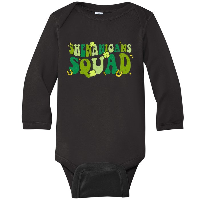 Shenanigans Squad Retro Groovy St Patricks Day Irish Lucky Baby Long Sleeve Bodysuit