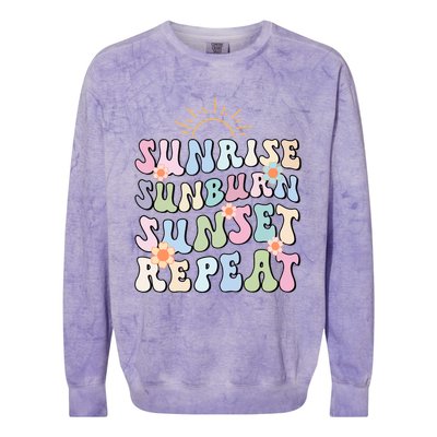 Sunrise Sunburn Sunset Repeat Pink Flowers Retro Wavy Groovy Gift Colorblast Crewneck Sweatshirt