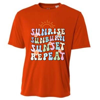 Sunrise Sunburn Sunset Repeat Pink Flowers Retro Wavy Groovy Gift Cooling Performance Crew T-Shirt