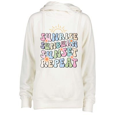 Sunrise Sunburn Sunset Repeat Pink Flowers Retro Wavy Groovy Gift Womens Funnel Neck Pullover Hood