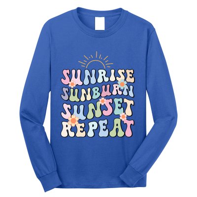 Sunrise Sunburn Sunset Repeat Pink Flowers Retro Wavy Groovy Gift Long Sleeve Shirt