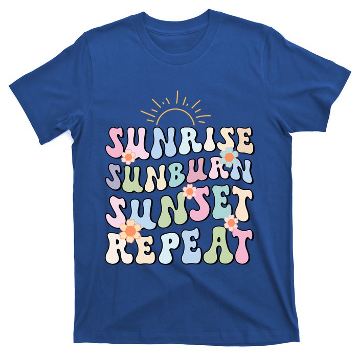 Sunrise Sunburn Sunset Repeat Pink Flowers Retro Wavy Groovy Gift T-Shirt