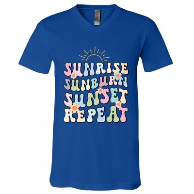 Sunrise Sunburn Sunset Repeat Pink Flowers Retro Wavy Groovy Gift V-Neck T-Shirt