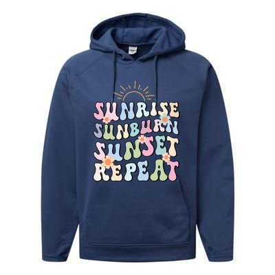 Sunrise Sunburn Sunset Repeat Pink Flowers Retro Wavy Groovy Gift Performance Fleece Hoodie